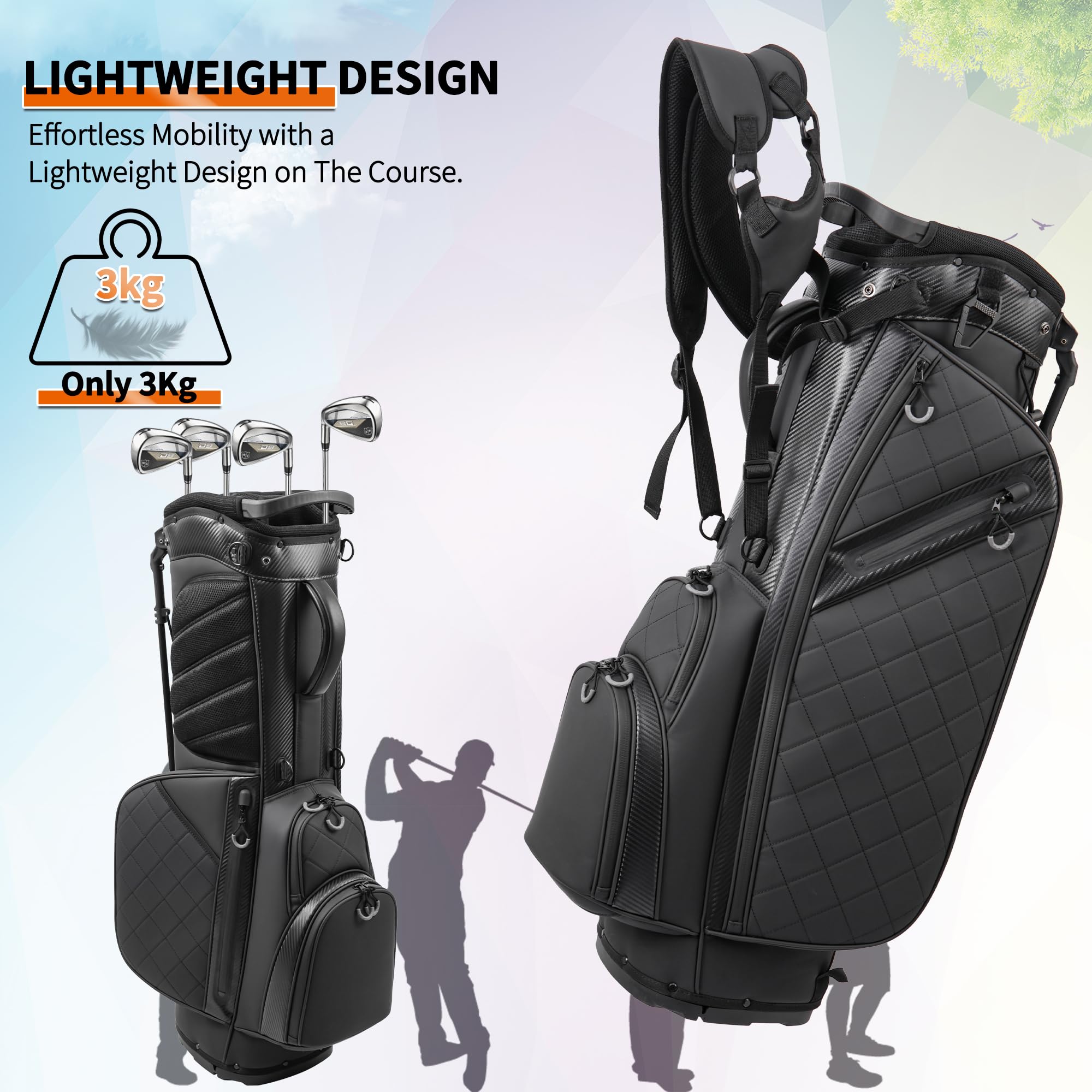 3KG Ultra Lightweight Waterproof PU Leather Golf Stand Bag for Men, Adjustable Dual Shoulder Straps Golf Carry Bag, Quilted Luxury Golf Club Holder for Daily Golf Course Walking Rounds