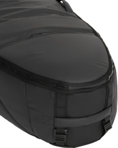 Padded reinforced tail section of surfboard travel bag, rib cage protective surf board bag, heavy duty zipper and adjustable compression straps