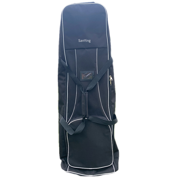 Black White Piping Polyester Wheeled Golf Flight Bag for Air Travel, Portable Foldable Golf Club Travel Jacket with Detachable Shoulder Strap, Lightweight Golf Airplane Storage Bag for Men & Women Golfers