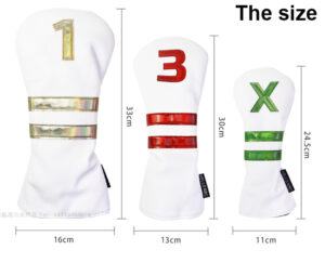 White PU leather golf head covers size chart, 1 driver, 3 fairway, X hybrid waterproof golf club protectors with colored stripes, dimension measurement display