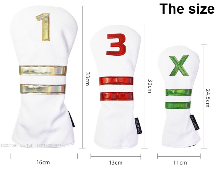 White PU leather golf head covers size chart, 1 driver, 3 fairway, X hybrid waterproof golf club protectors with colored stripes, dimension measurement display