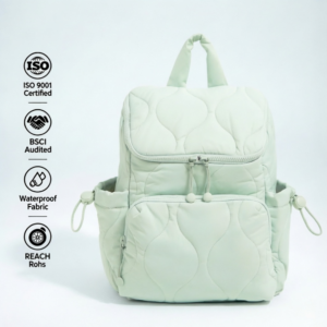 Sage green waterproof quilted puffer backpack for girls, lightweight nylon fashion rucksack, ISO BSCI certified custom women travel daypack