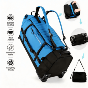 Blue waterproof foldable rolling backpack duffel bag, collapsible large capacity wheeled travel gear bag with heavy duty wheels, convertible backpack duffel luggage