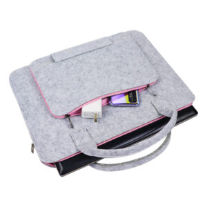 Light grey felt laptop bag with separate accessory pouch, double zipper protective felt computer sleeve for tablet laptop, portable office carry bag