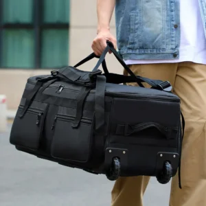 Black large rolling duffle bag with heavy‑duty wheels, multi‑pocket foldable wheeled travel luggage bag for outdoor trip