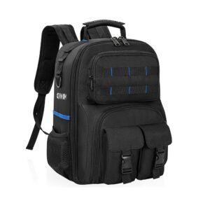 Black heavy‑duty electrician tool backpack with blue accent, oxford fabric technician tool bag with multi‑pocket molle design for work site storage