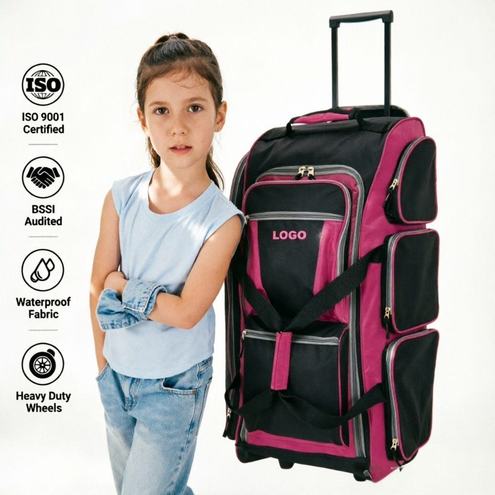 Fuchsia pink rolling dance competition bag for girls, waterproof multi-pocket wheeled performance gear bag, dancer costume luggage for competition and tour