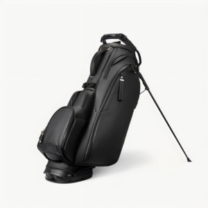 Black waterproof PU leather golf stand bag, automatic stand system premium golf carry bag with multiple storage pockets