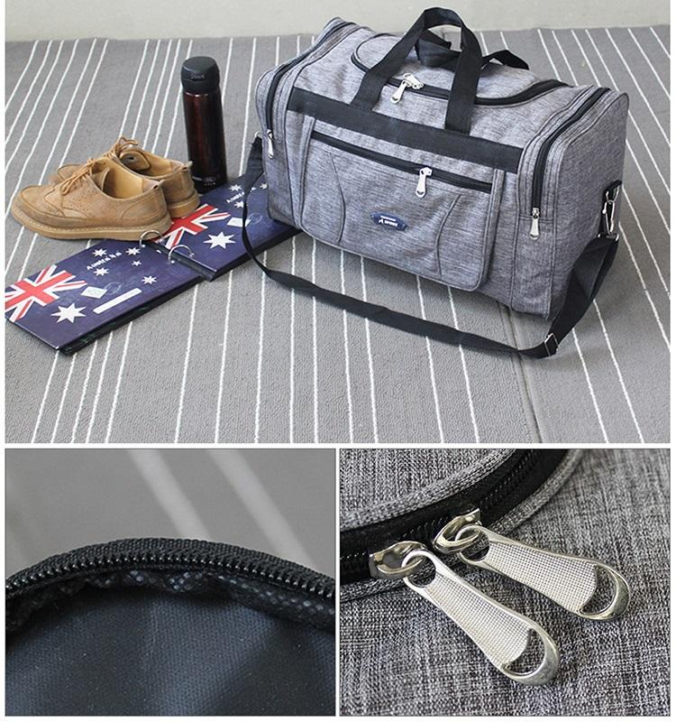 Grey oxford gym duffel bag with detachable shoulder strap, heavy duty metal zipper waterproof weekender travel bag for sports and short trips