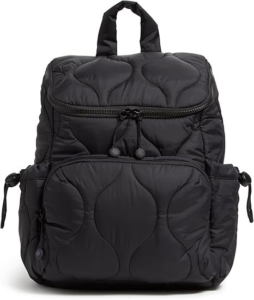 Black padded quilted nylon puffer backpack, waterproof lightweight women fashion daypack, multi-pocket daily travel rucksack for moms