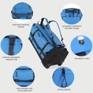 Collapsible wheeled travel duffel backpack, waterproof multi-pocket rolling gear bag with reinforced straps, outdoor large capacity luggage for travel and sports