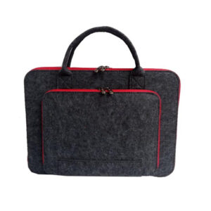 Dark black‑grey felt laptop carry bag with red accent zipper, double zipper felt computer sleeve, simple portable business gift laptop bag