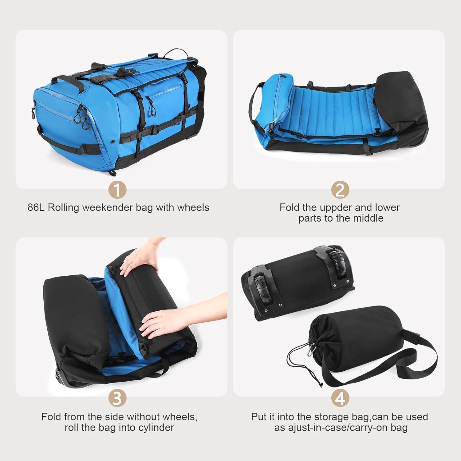 86L space saving foldable rolling duffel backpack, collapsible wheeled travel bag that folds compactly for easy storage, portable outdoor gear luggage