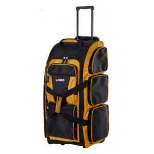 Yellow black wheeled dance gear bag with multiple storage pockets, waterproof rolling costume travel bag for dance competition, custom logo available