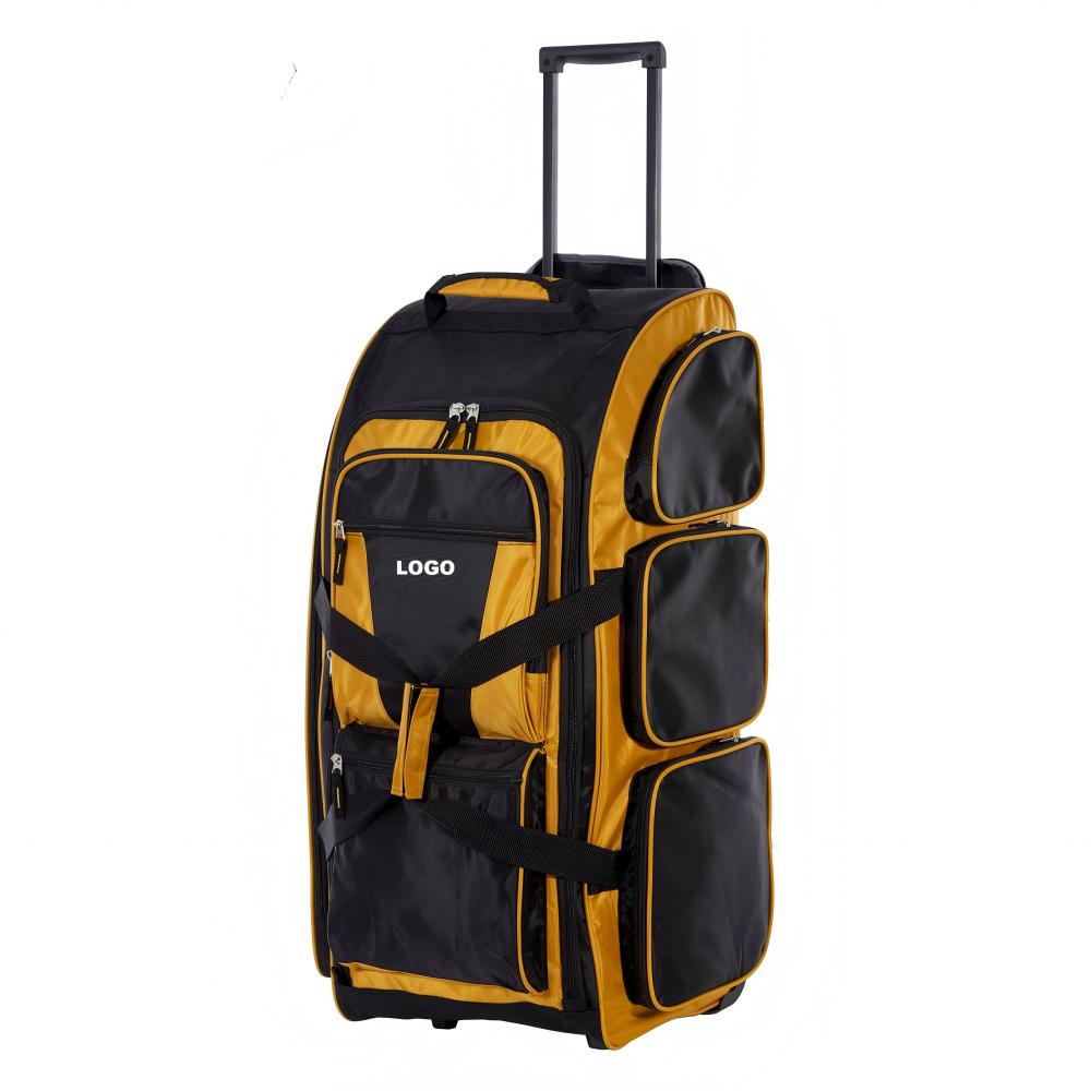 Yellow black wheeled dance gear bag with multiple storage pockets, waterproof rolling costume travel bag for dance competition, custom logo available