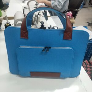 Bright blue felt laptop handbag with brown PU handle, double zipper layered felt computer bag, simple business laptop sleeve for custom corporate gift wholesale