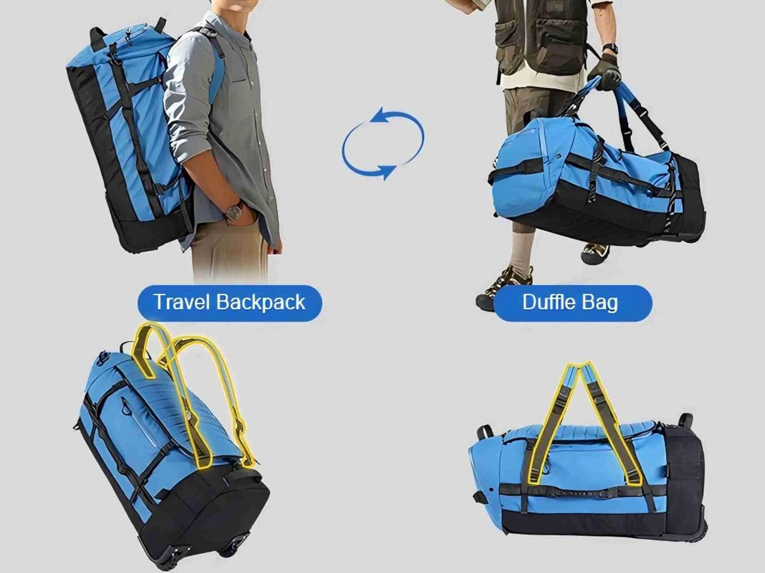 2 in 1 convertible rolling backpack duffel bag waterproof, unisex large capacity wheeled travel gear bag for camping hiking long trip