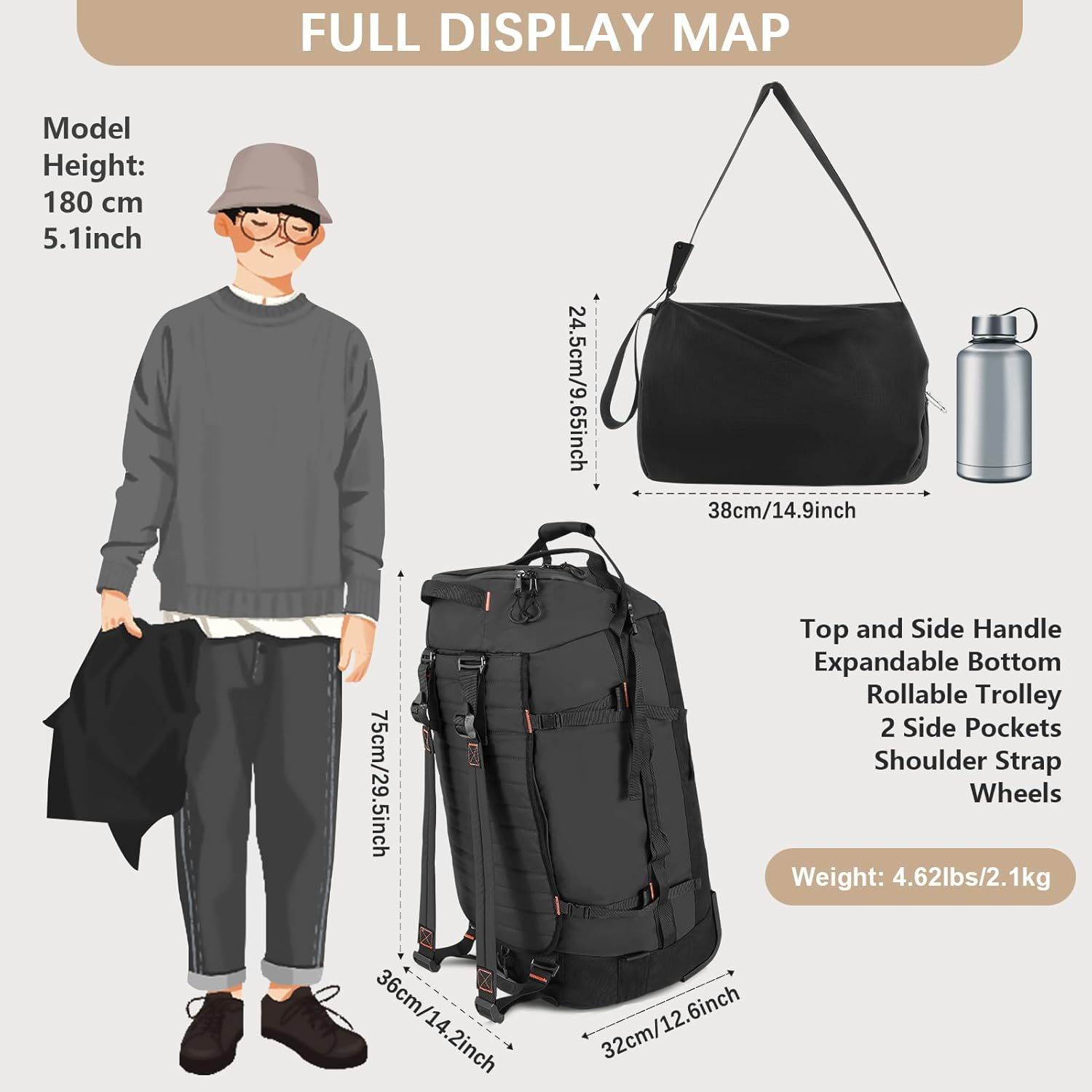 Custom Logo Foldable Waterproof Rolling Backpack Duffel Collapsible Wheeled Large Capacity Travel Gear Bag - Image 4