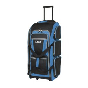 Blue multi-pocket rolling dance gear hauler with extendable handle, waterproof wheeled travel bag for girls dance costumes and performance accessories