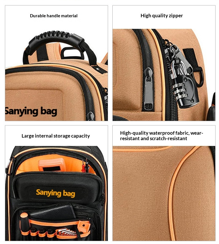Detail shots of heavy‑duty tool backpack, durable handle, high‑quality zipper, waterproof scratch‑resistant fabric, large inner storage for hand tools