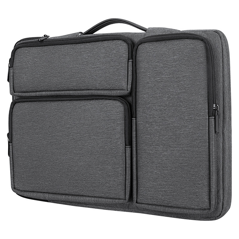 Shock‑absorbent grey laptop messenger bag, multi‑pocket notebook sleeve case with top handle for 13‑15.6 inch laptop, business carry bag