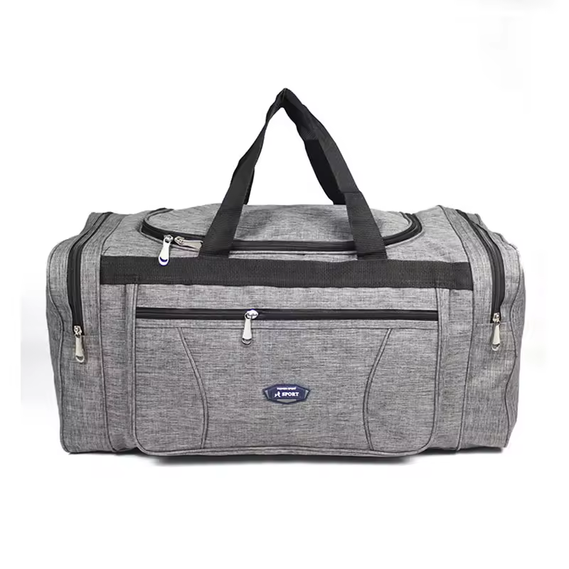 Light grey large capacity oxford travel duffel bag, multi compartment waterproof sports bag, portable weekend luggage for men and women