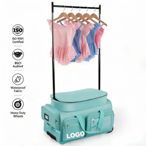 Turquoise wheeled dance bag with built-in telescopic garment rack, waterproof large capacity costume travel bag for ballet dancers, foldable performer costume organizer bag