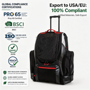 Black large wheeled hockey equipment backpack with telescopic handle, heavy‑duty multi‑sport travel bag for hockey gear, BSCI certified