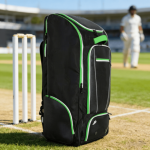 Black green trim large cricket gear bag on cricket field, custom logo professional team cricket equipment duffle backpack for players