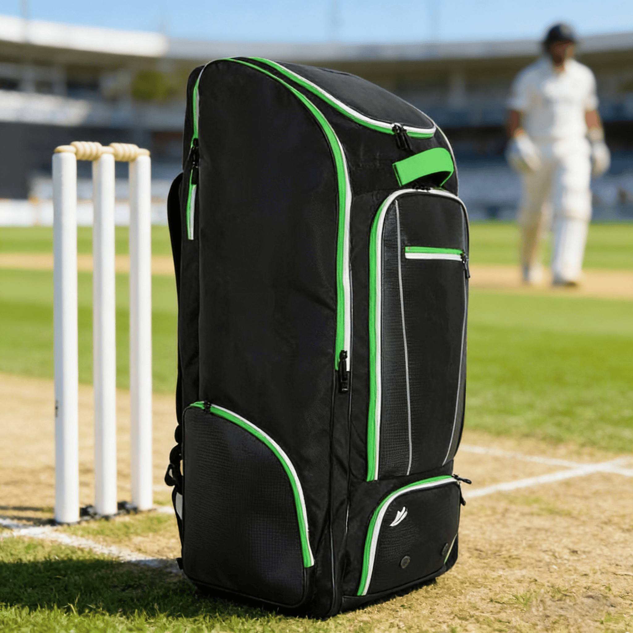 Black green trim large cricket gear bag on cricket field, custom logo professional team cricket equipment duffle backpack for players