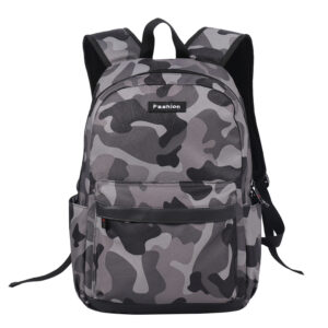 Front view grey black camouflage men 15.6 inch laptop backpack, multifunctional outdoor travel business backpack with front pocket