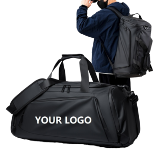 Custom logo black large gym duffel bag, convertible duffle backpack for men women, custom printed sports travel duffel bag