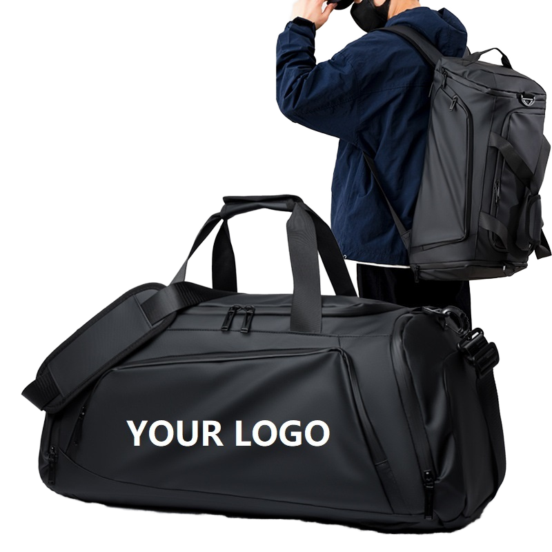Custom logo black large gym duffel bag, convertible duffle backpack for men women, custom printed sports travel duffel bag