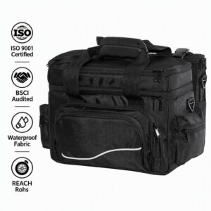 Black waterproof polyester multi‑pocket travel duffel bag, soft handle durable weekender bag with ISO BSCI certified fabric