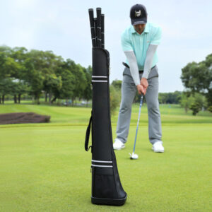 Black slim nylon golf pencil bag on golf green, padded shoulder strap, reinforced base lightweight par 3 golf range club bag