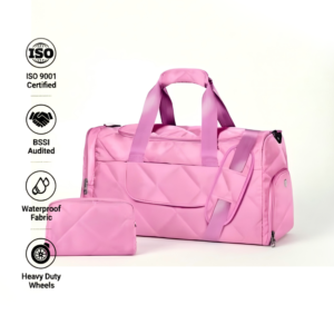 Pink quilted puffer travel duffel bag for women, large capacity weekender overnight bag with separate toiletry pouch, waterproof padded duffle bag