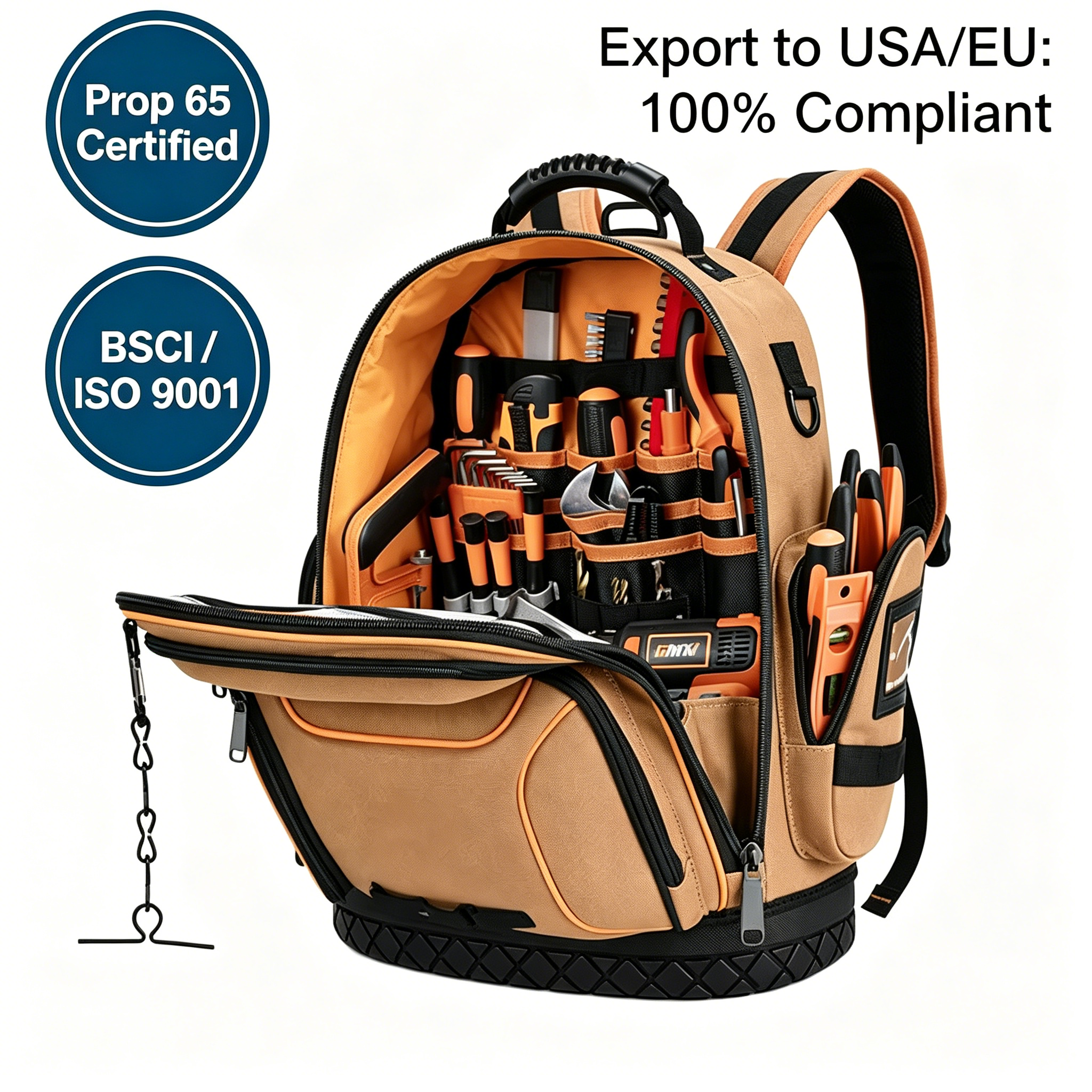 Tan black heavy‑duty tool backpack open view, multi‑pocket electrician tool bag with rubber base, BSCI certified for construction job site
