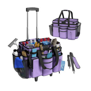 Purple rolling cleaning caddy organizer bag with detachable trolley, multi‑pocket waterproof cleaning supply tote for housekeeping cleaners