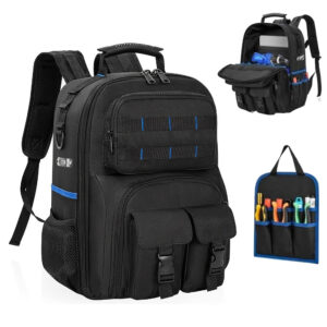 Large capacity tool backpack with removable tool insert, open view display for power tools and hand tools, durable technician work rucksack