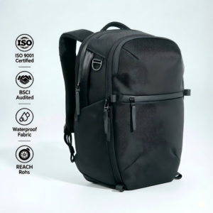 Black waterproof polyester business travel laptop backpack front view, ISO BSCI certified durable waterproof fabric for wholesale business commuter backpack