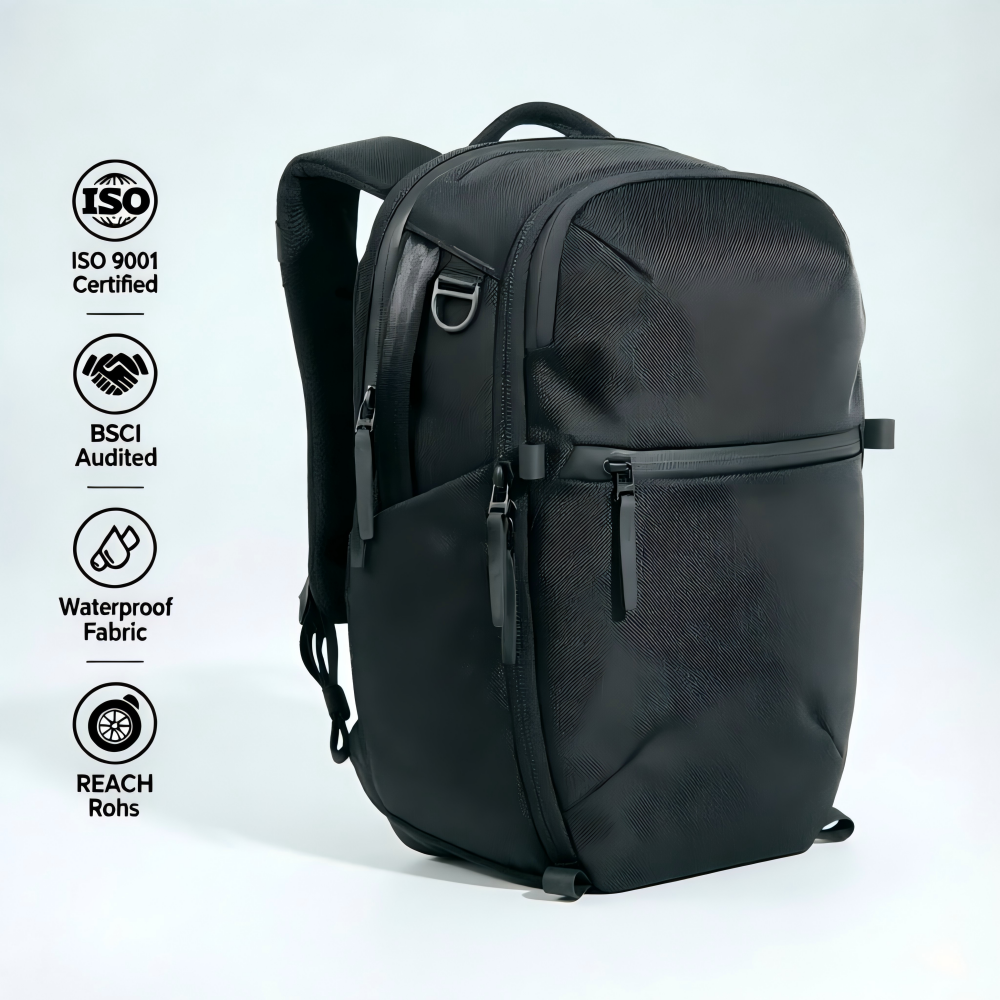 Black waterproof polyester business travel laptop backpack front view, ISO BSCI certified durable waterproof fabric for wholesale business commuter backpack