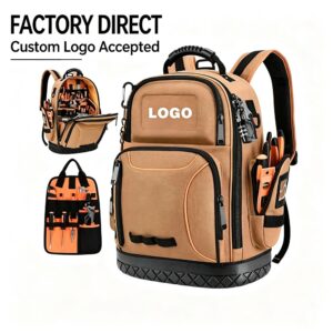 Khaki heavy‑duty electrician tool backpack with molded hard base, custom logo waterproof electrical tool bag for job site work storage