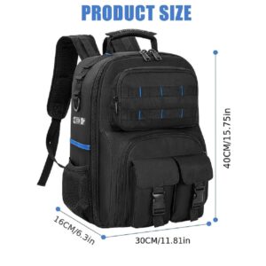 Heavy‑duty electrician tool backpack dimension chart, black oxford fabric work tool bag size display for contractor and repairman