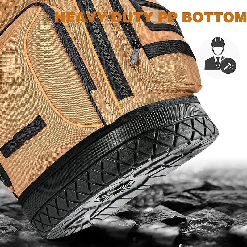 Heavy‑duty PP molded hard bottom detail of khaki tool backpack, waterproof wear‑resistant base for electrician contractor field work