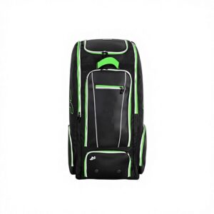 Front view black green accent custom cricket kit bag, large capacity professional cricket gear storage bag for club team purchase