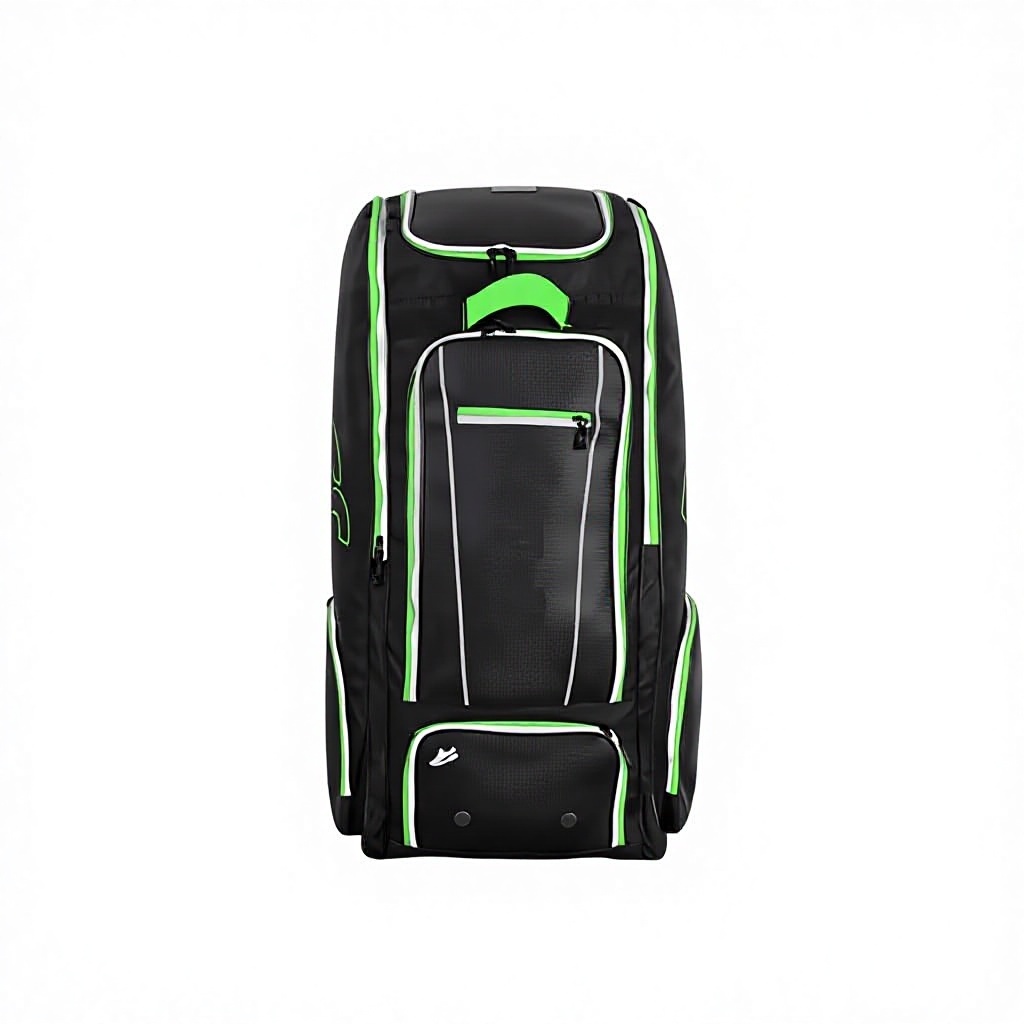 Front view black green accent custom cricket kit bag, large capacity professional cricket gear storage bag for club team purchase