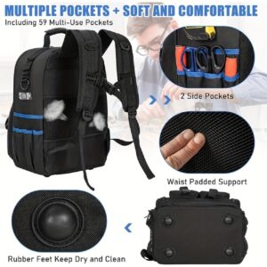 Multi‑pocket technician tool backpack, padded breathable shoulder straps, rubber bottom feet, 59 pockets for electrician field repair work