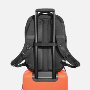 Back side of black business laptop backpack with luggage trolley strap, breathable padded back panel for business travel airport trip