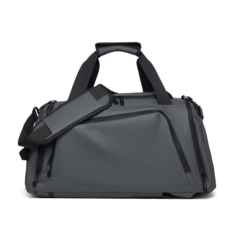 Dark grey heavy‑duty oxford duffel gym bag, detachable adjustable shoulder strap, waterproof multi‑pocket travel sports bag