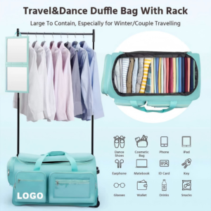 Large capacity foldable dance travel bag with garment rack, wheeled costume organizer bag for adult and young dancers, performance clothing luggage